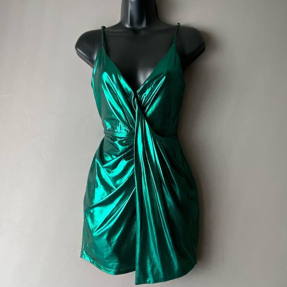 H:ours sz XXS metallic green faux wrap mini party dress